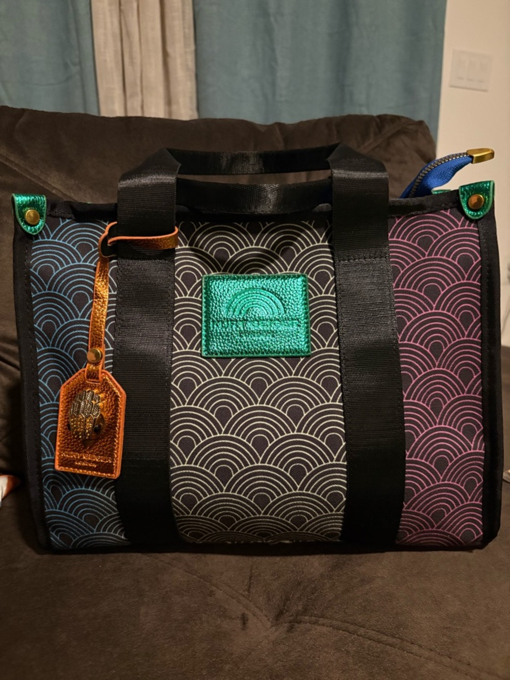 Kurt Geiger Black Crossbody Tote with Green, Blue & Purple Accents